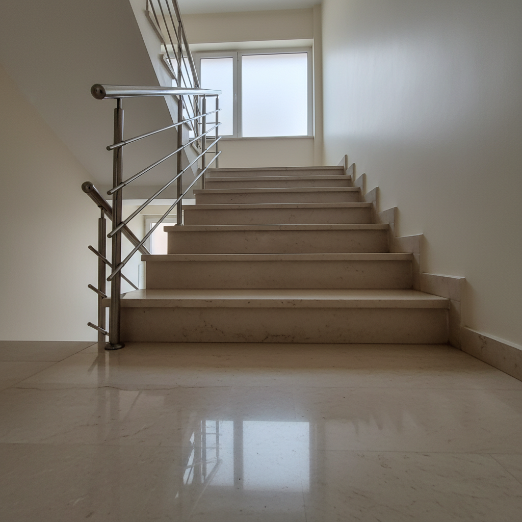 An elegant marble staircase in a Heraklion apartment building, freshly cleaned to a mirror-like finish. The light-beige marble steps and polished metal handrail reflect soft, diffused daylight entering from a frosted window at the top of the stairs. The floor at the base shines flawlessly, with no streaks, footprints, or dust visible. Shot from a low angle looking upward, the composition guides the eye along the handrail and steps, emphasizing depth and verticality. Photographic realism captures subtle textures in the stone and the soft sheen of the metal. The atmosphere is refined and reassuring, underlining the company’s expertise in common-area cleaning for residential buildings and premium properties.