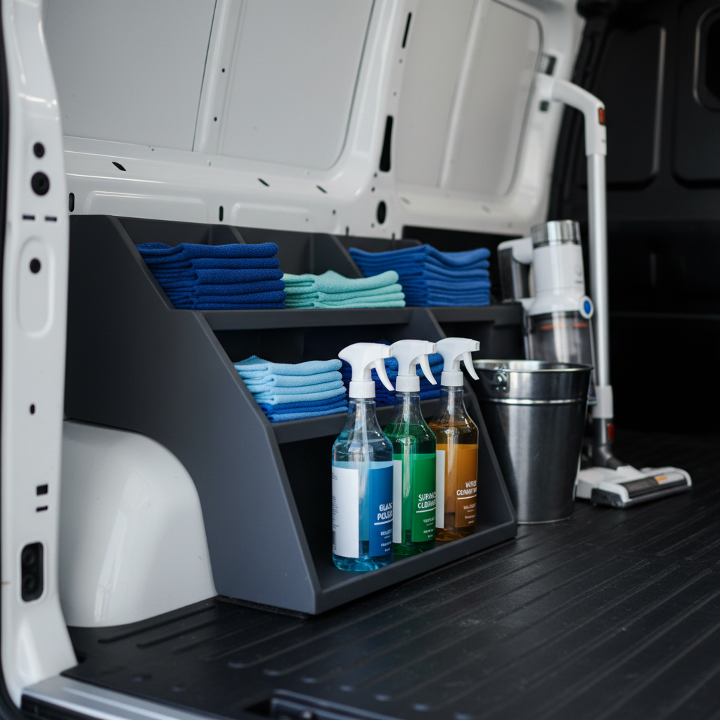 A close-up, cinematic view of high-end cleaning tools neatly arranged in the back of a professional service vehicle. Pristine microfiber cloths in coordinated blues, labeled spray bottles with transparent, color-tinted eco-friendly solutions, a stainless-steel bucket, and a modern cordless vacuum with polished plastic surfaces are all carefully ordered in custom compartments. The interior of the van is spotless, with clean white panels and rubber flooring without a speck of dirt. Soft studio-style lighting from above creates gentle highlights on plastics and metal, emphasizing cleanliness and order. Photographic realism with shallow depth of field focuses attention on the organized tools, while the background fades into soft bokeh. The mood is expert and reliable, showcasing the premium, methodical nature of the cleaning service.