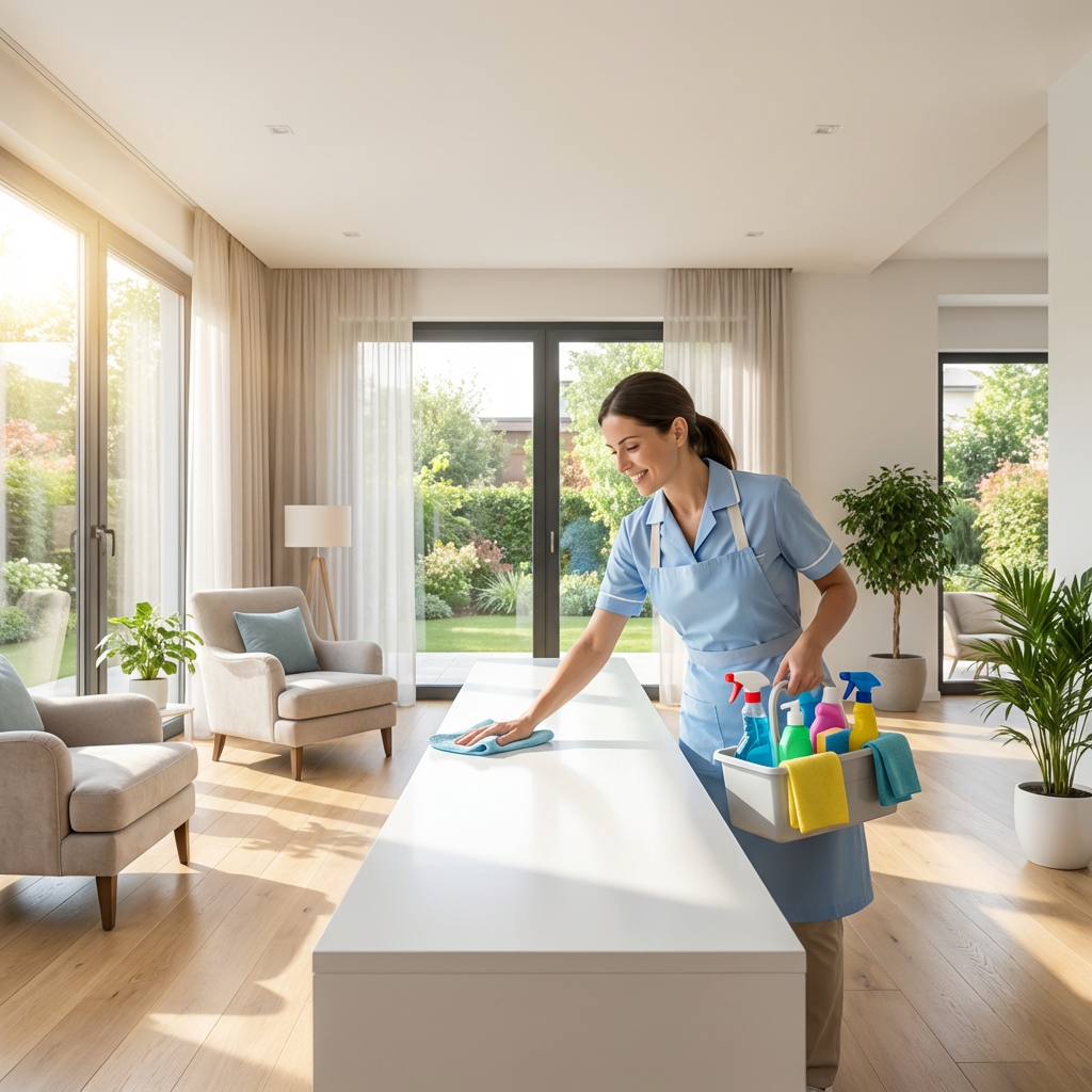 A professional cleaner wiping a kitchen island in a bright, modern living room.