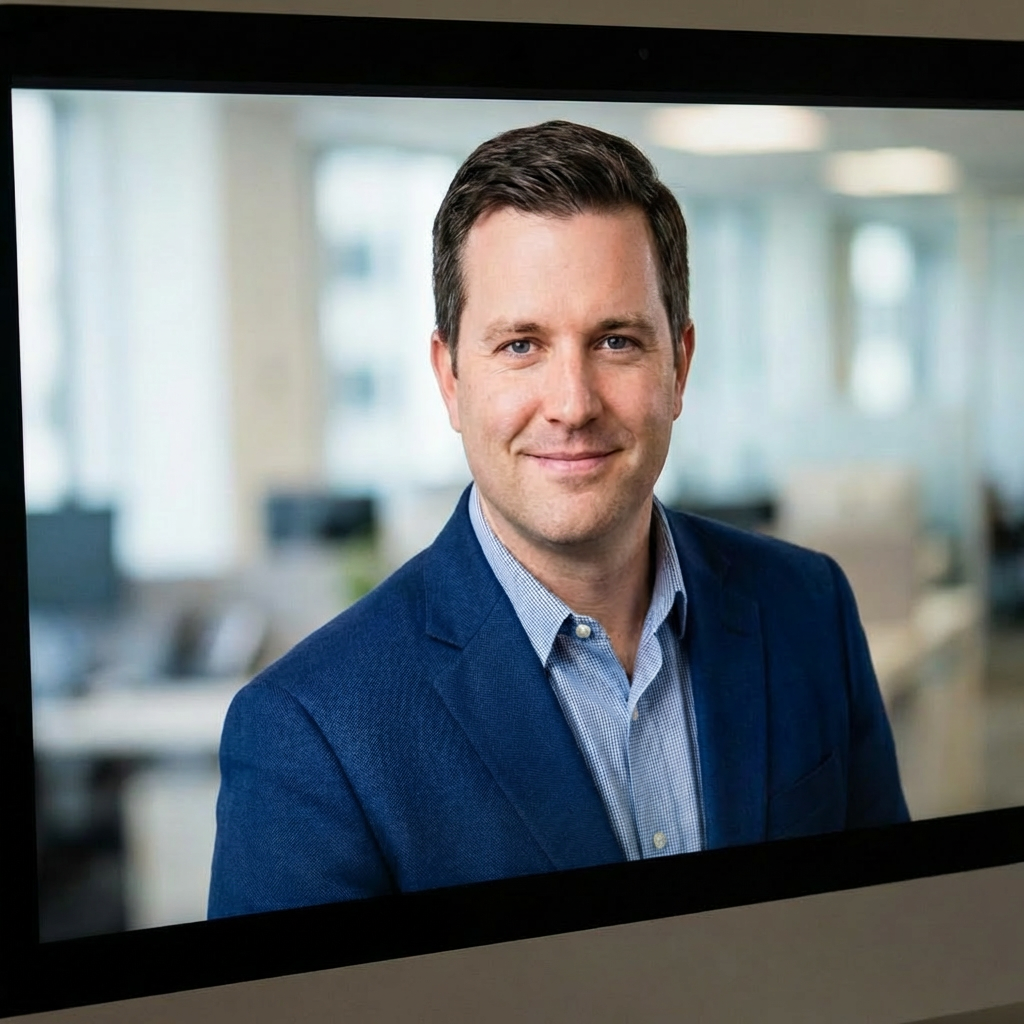 Professional headshot of John Smith on a screen with text PROFILE PHOTO - JOHN SMITH - FOR REVIEW.